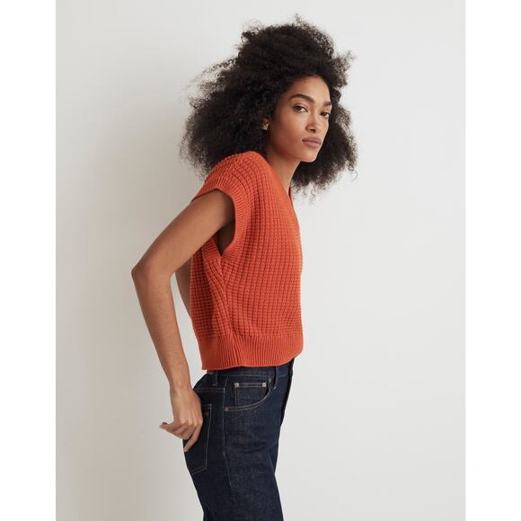 Madewell Waffle Knit Sweater Vest Size M Roasted Squash Orange Cotton Fall Layer - Picture 6 of 13